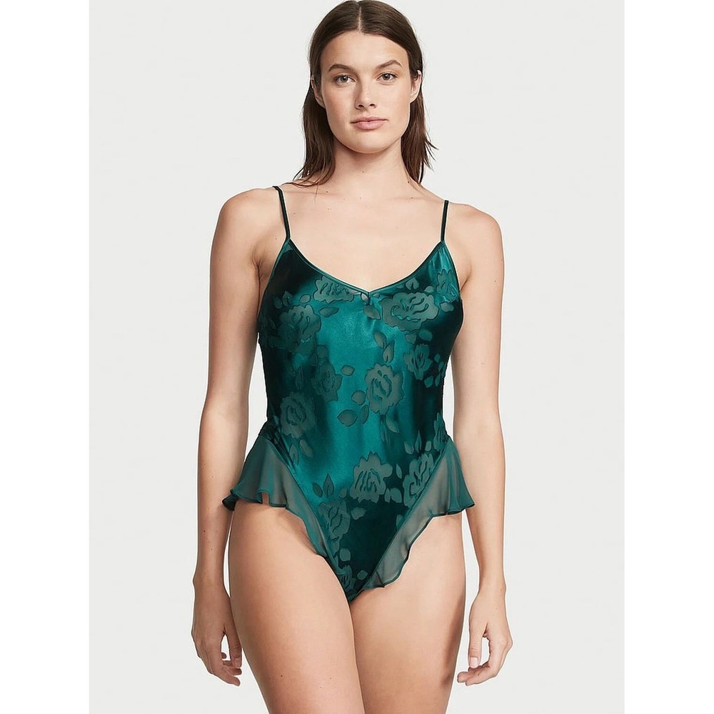 Victorias Secret Vintage Gold Label Floral Burnout Teddy Bodysuit Small Green